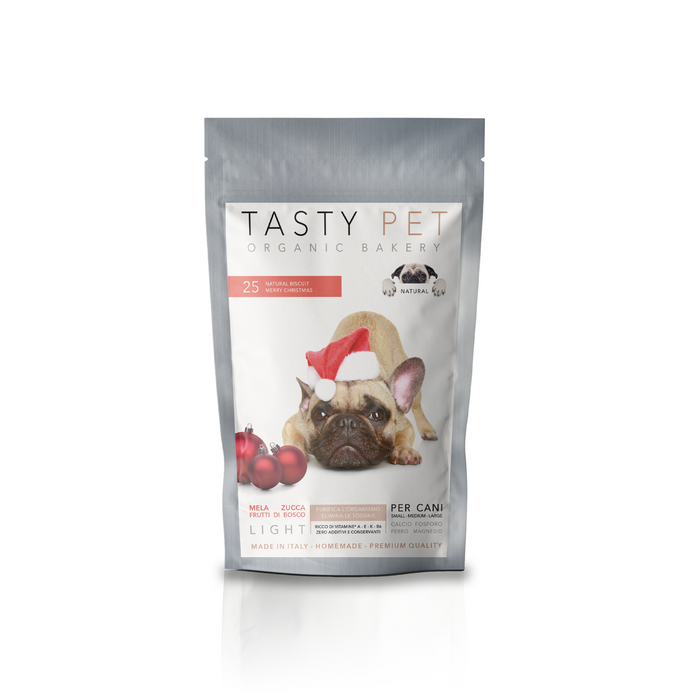 25 Natural Biscuit Merry Christmas per Cane Adulto e Cucciolo con Salmone e Gamberi - Biscotti da 80 gr
