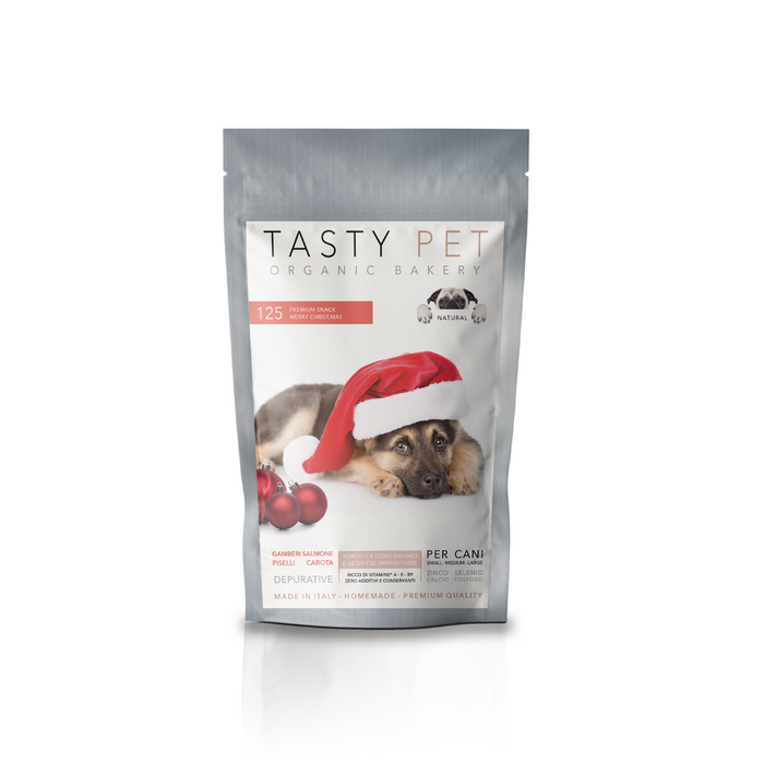 125 Premium Snack Merry Christmas per Cane Adulto e Cucciolo con Gamberi e Salmone - Snack da 80 gr