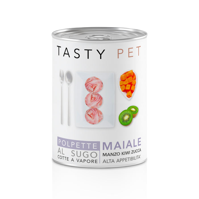 Tasty Pet Confezione di Alimento Completo Umido per Cani - 2601 Polpette al Sugo Maiale con Kiwi e Mela