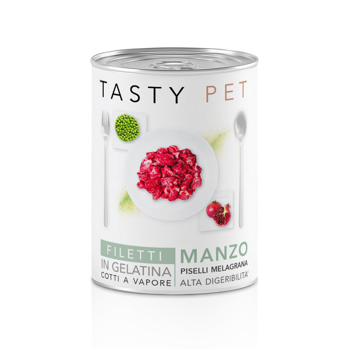 Tasty Pet Confezione di Alimento Completo Umido per Cani - 2203 Filetti in gelatina Manzo Piselli e Melagrana