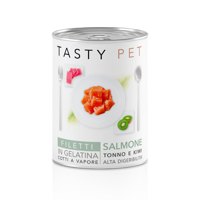 Tasty Pet Confezione di Alimento Completo Umido per Cani - 2201 Filetti in Gelatina di Salmone Tonno e Kiwi