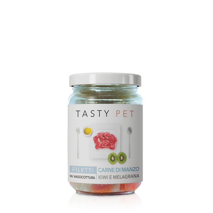 Tasty Pet Confezione di Alimento Completo Umido per Cani - 2013 Filetti di Manzo Kiwi e Melagrana