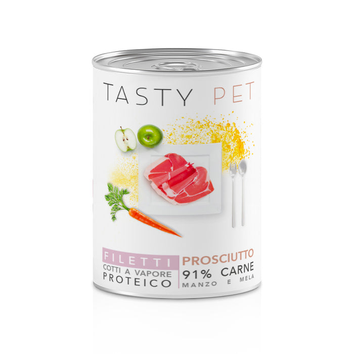 Tasty Pet Confezione di Alimento Completo Umido per Cani - 2204 Filetti in Gelatina Prosciutto Manzo e Mela