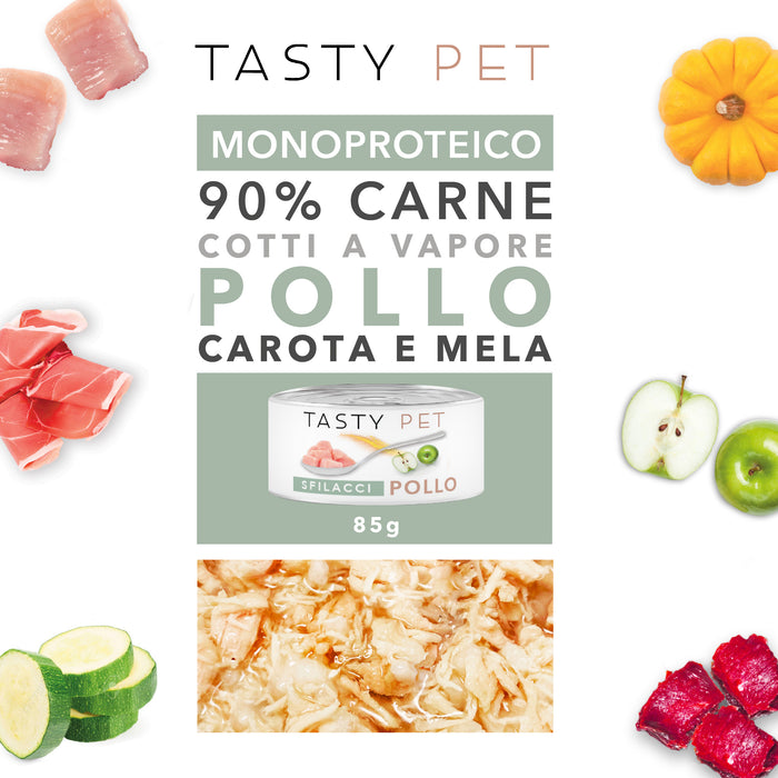 Tasty Pet Confezione di Alimento Completo Umido per Gatti - 5101 Sfilacci di Pollo Carota e mela