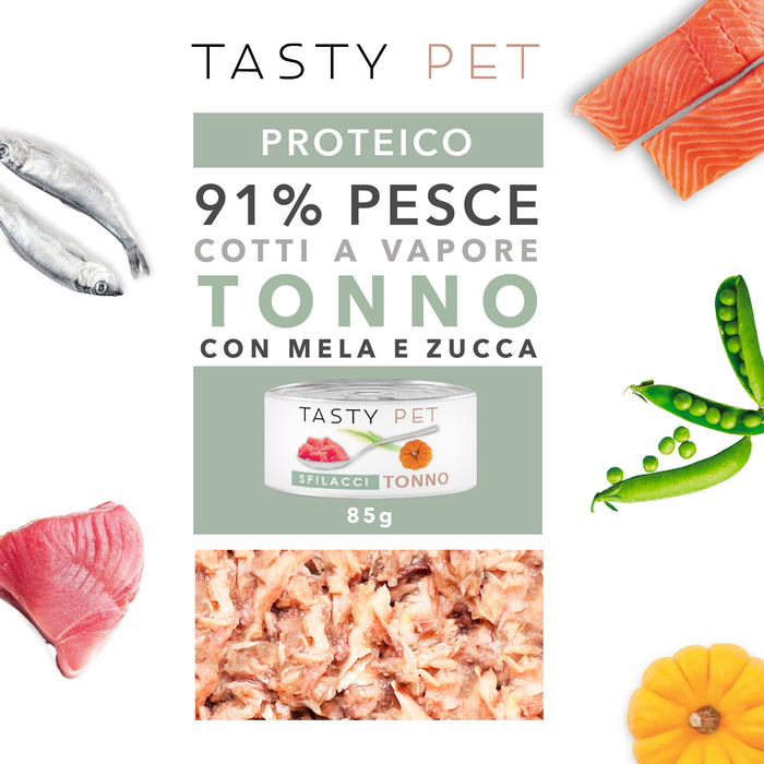 Tasty Pet Confezione di Alimento Completo Umido per Gatti - 5119 Sfilacci di Tonno Mela e Zucca