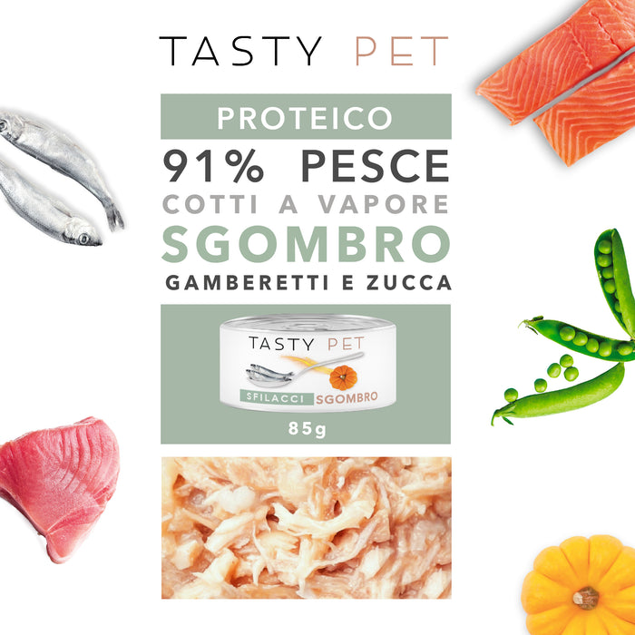 Tasty Pet Confezione di Alimento Completo Umido per Gatti - 5120 Sfilacci di Gamberetti Sgombro Zucca