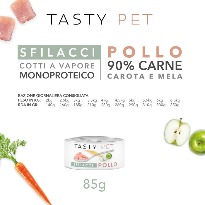 Tasty Pet Confezione di Alimento Completo Umido per Gatti - 5101 Sfilacci di Pollo Carota e mela
