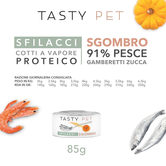 Tasty Pet Confezione di Alimento Completo Umido per Gatti - 5120 Sfilacci di Gamberetti Sgombro Zucca