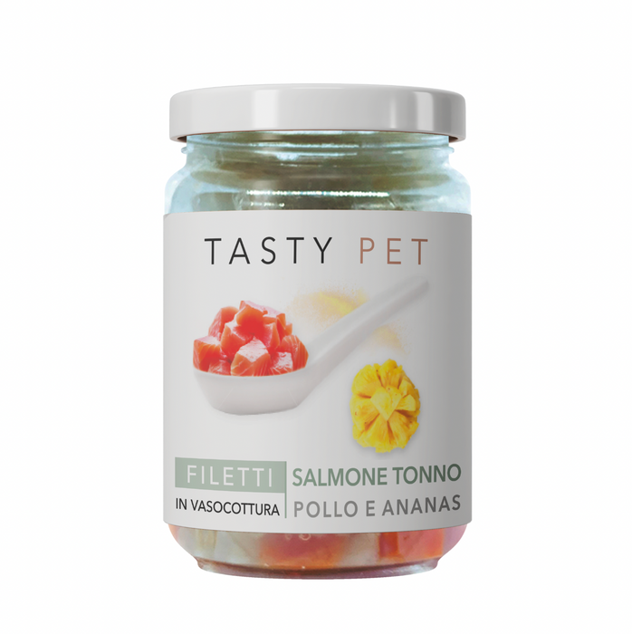 Salmon, tuna, chicken and pineapple fillets for cats - 80g