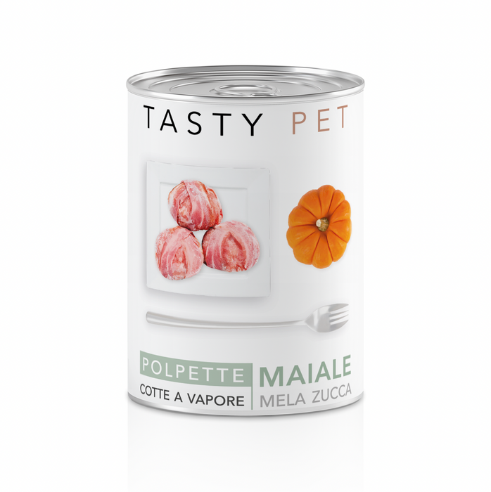 Tasty Pet Confezione di Alimento Completo Umido per Gatti - 5601 Polpette al sugo Maiale Mela e Zucca