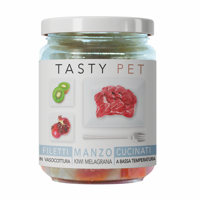 Tasty Pet Confezione di Alimento Completo Umido per Cani - 2013 Filetti di Manzo Kiwi e Melagrana